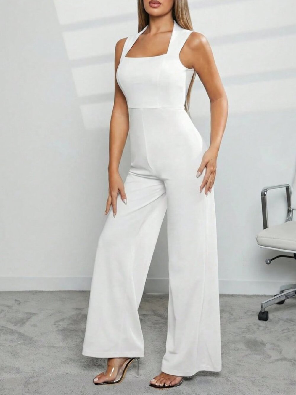 White Square Neck Wide Leg Jumpsuit